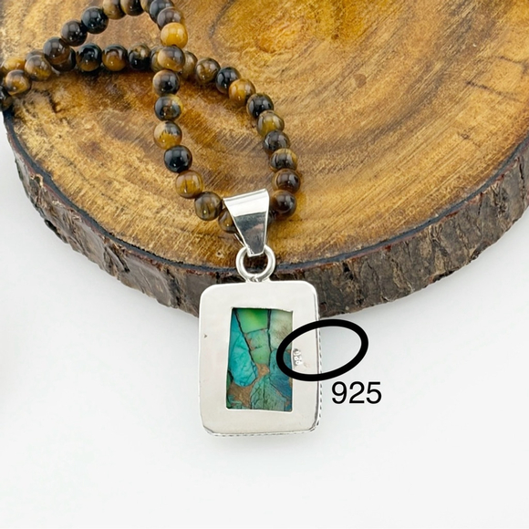 Sterling Silver 925 Peacock Dahlia Turquoise Pendant Tiger Eye Necklace - Picture 6 of 7